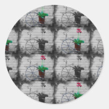 Black and White Checkered with Small Red Flowers Round Stickers