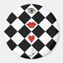 black and white chequerboard folk art lips fridge magnet