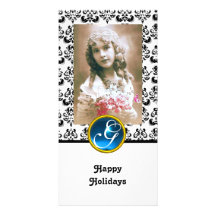 BLACK AND WHITE DAMASK Blue Sapphire Monogram Photo Card