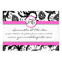 Black and White Damask Floral  with Pink Trim Business Card