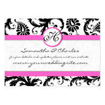 Black and White Damask Floral  with Pink Trim Business Card Template