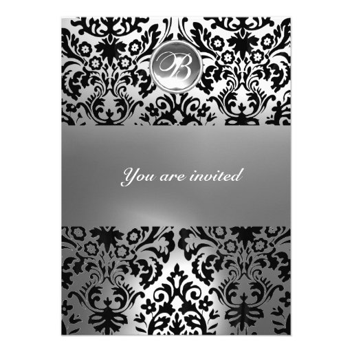 BLACK AND WHITE DAMASK GEM STONE MONOGRAM CUSTOM INVITATIONS