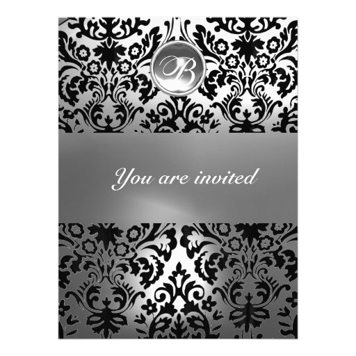 BLACK AND WHITE DAMASK GEM STONE MONOGRAM ANNOUNCEMENT