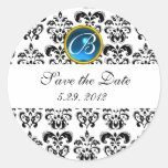 BLACK AND WHITE DAMASK MONOGRAM blue sapphire Round Sticker