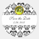 BLACK AND WHITE DAMASK MONOGRAM yellow topaz Round Stickers