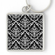 Black and White Damask Pattern Key Chain
