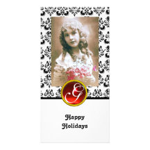 BLACK AND WHITE DAMASK Red Ruby Monogram Personalized Photo Card