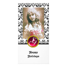 BLACK AND WHITE DAMASK Red Ruby Monogram Photo Card Template