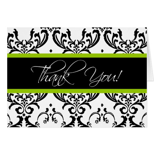 Black and White Damask Thank You Cards Green