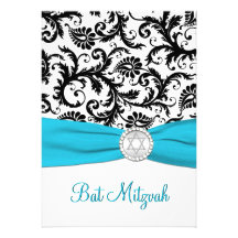 Black and White Damask with Aqua FAUX Ribbon Announcement