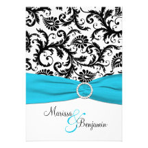 Black and White Damask with Blue Faux Ribbon Custom Invites