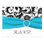 Black and White Damask with Blue RSVP Postcard