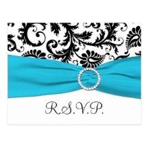 Black and White Damask with Blue RSVP Postcard