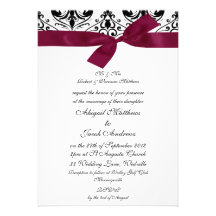 Black And White Damask With Burgundy Ribbon Custom Announcements