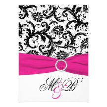 Black and White Damask with Fuchsia Faux Ribbon Custom Invitation