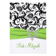 Black and White Damask with Lime Faux Ribbon Invitations