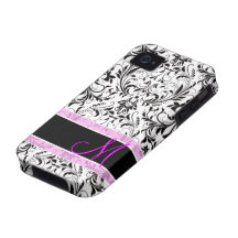 Black and White Damask with pink Monogram iPhone 4 Case