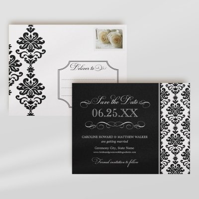 Black and White Elegant Damask Save the Date Post Cards by Plush_Paper