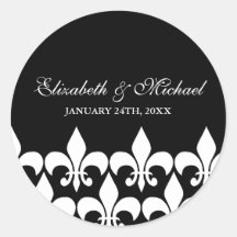 Black and White Fleur de Lis Wedding Favour Label Round Sticker