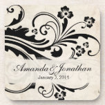 Black and White Floral Chic Wedding Beverage Coasters