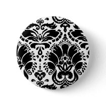 Black and White Floral Damask Button