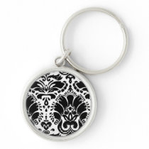 Black and White Floral Damask Keychain
