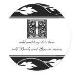 Black And White Leaf Monogram T Round Sticker