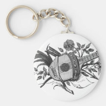 Black and white lute and plants graphic keychains
