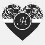 Black and White Monogram Heart Damask Stickers