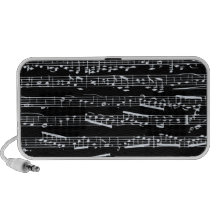 Black and white music notes travelling speaker