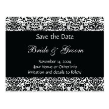Black and White Personalized Damask Save the Date Postcards