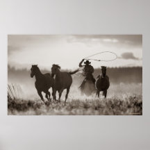 Black and White photo of a Cowboy Lassoing Horses Print