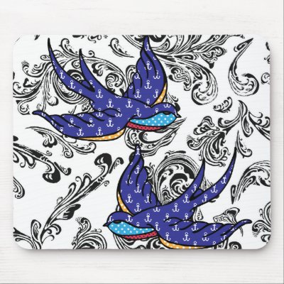 black and white scroll swallows mouse pad by CathyGOriginals