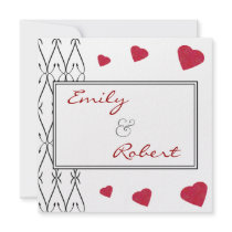 Black and White Scrollwork with Red Hearts Personalized Announcements