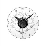 Black and White Sunflower Round Clock