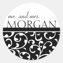 Black and White Swirl Damask Married Names stickers