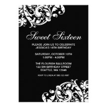 Black and White Swirl Flourish Sweet 16 Birthday Invites
