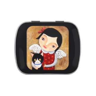 Black and white Tuxedo Cat with Angel Candy Tin