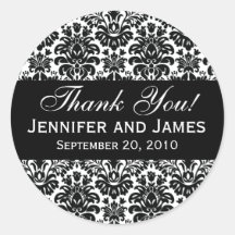 Black and White Wedding Damask Thank You Label Stickers