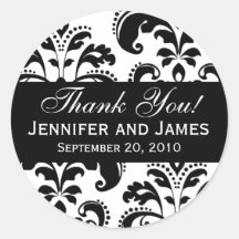 Black and White Wedding Damask Thank You Label Round Sticker