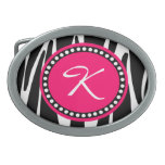 Black and White Zebra Stripe With Hot Pink Initial Oval Belt Buckle