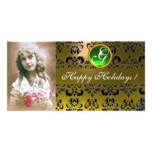BLACK AND YELLOW DAMASK Green Emerald Monogram Photo Card