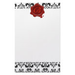 BLACK ANS WHITE DAMASK , RED WAX SEAL MONOGRAM CUSTOMIZED STATIONERY