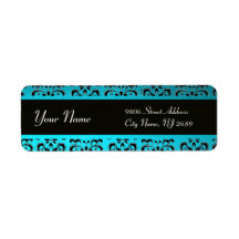BLACK AQUA BLUE TEAL DAMASK CUSTOM RETURN ADDRESS LABEL