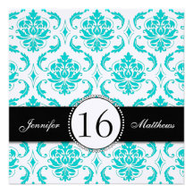 Black Aqua White Damask Sweet Sixteen Invitations