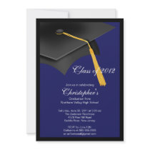 Black Blue Grad Cap Graduation Party Invitation