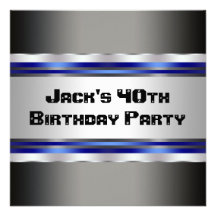 Black Blue Mans 40th Birthday Party Personalized Invite