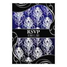 Black & Blue Peacock Feather Wedding RSVP Cards Invites