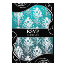 Black & Blue Peacock Feather Wedding RSVP Cards Custom Announcements