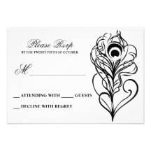 black calligraphic peacock feather wedding RSVP Announcement
